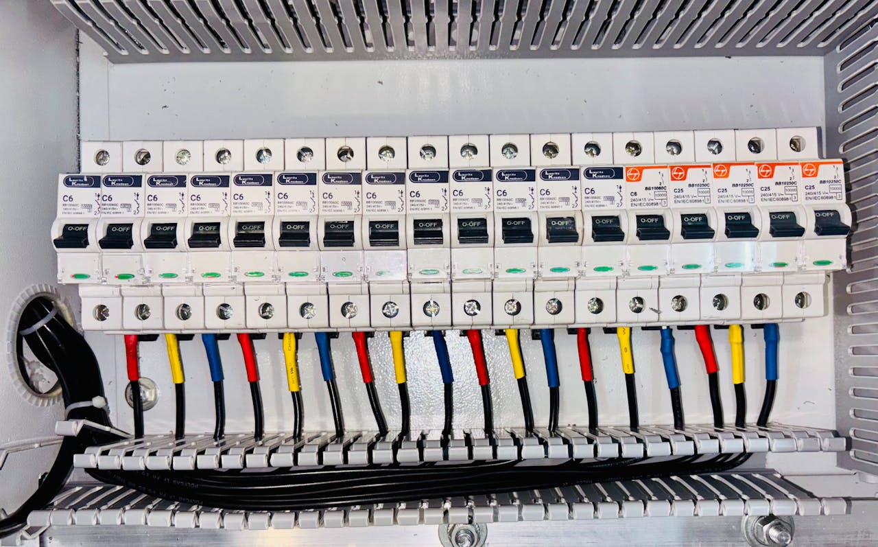 heros-img Close-up of an organized circuit breaker panel featuring color-coded electrical wiring.